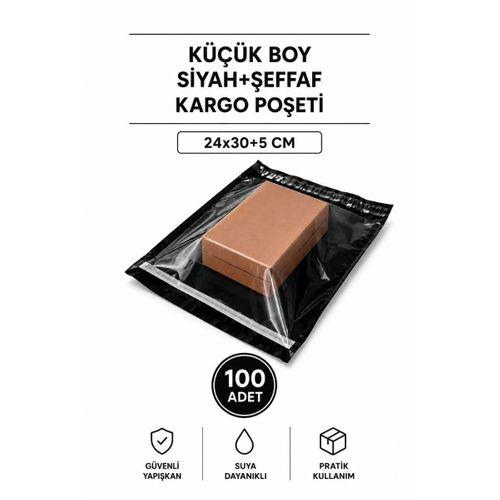 Küçük Boy Siyah Şeffaf Kargo Poşeti 24x30+5 Cm 100 Adet