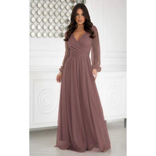 Kadın Uzun Kollu Kruvaze Yakalı Belden Kuşaklı Tüllü Uzun Ithal Krep Elbise