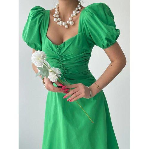 Kare Yaka Düğmeli Elbise