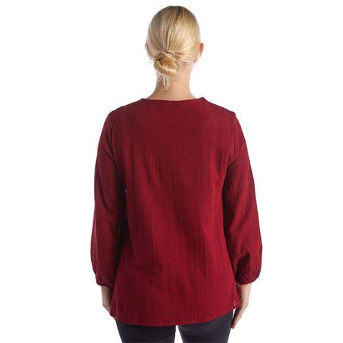 Şile Bezi Uzun Kol Bordo Nakış Detaylı V Yaka Yazlık Otantik Bluz