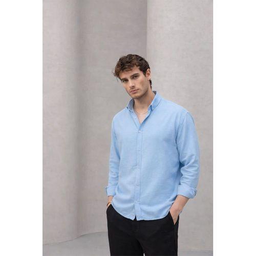 Scott – Soft Dokulu Yarım Oversize Modern Keten Görünümlü Erkek Gömlek- Soğuk Mavi
