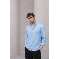 Scott – Soft Dokulu Yarım Oversize Modern Keten Görünümlü Erkek Gömlek- Soğuk Mavi