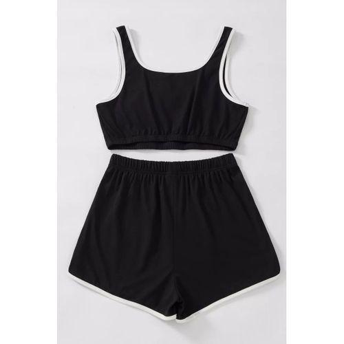 Kadın Siyah Askılı Crop Top Ve Şortlu Gecelik Takım