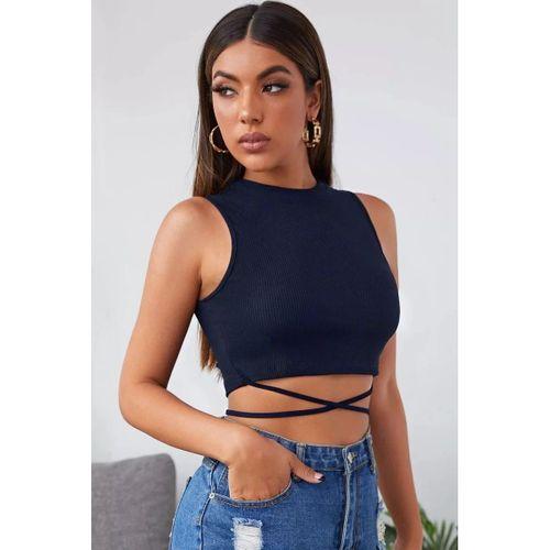 Kadın Lacivert Çapraz Bağlamalı Crop Top Büstiyer