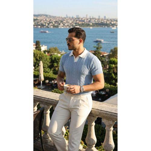 Erkek Desenli Kısa Kollu Triko Tişört - %100 Pamuk Akrilik