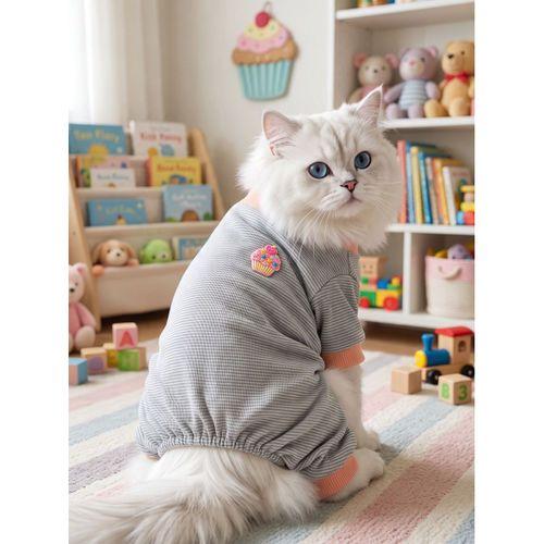 Sweet Cupcake Kedi Tulumu | Gri Beyaz İnce Çizgili Penye Kedi Kıyafeti