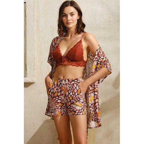 İp Askılı V Yaka Pamuklu Geometrik Yazlık Mini Dantel Detaylı Şort Sabahlık Takımı