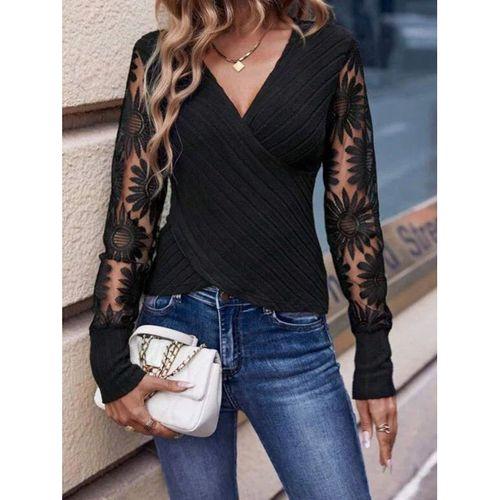 Kadın Uzun Kollu Kruvaze Yaka Kolları çiçek Tül Desenli şardonlu Kaşkorse Bluz