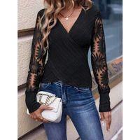 Kadın Uzun Kollu Kruvaze Yaka Kolları çiçek Tül Desenli şardonlu Kaşkorse Bluz