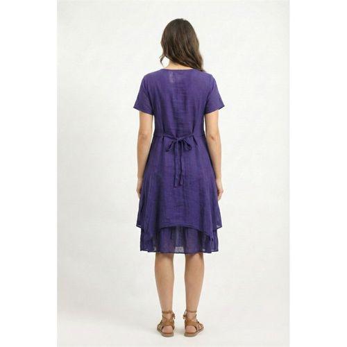 Kısa Kol Nil Vual Diz Boyu Çift Cepli Nakışlı Yazlık Elbise Mor Mor