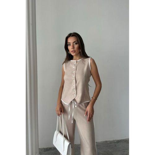 KETEN KENARLARI BİYELİ YELEK - PANTOLON TAKIM - Bej