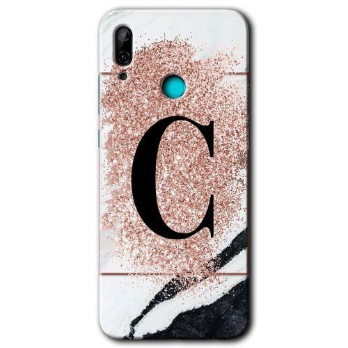 MRCİLETİSİM Huawei P smart 2019 Kılıf Baskılı Kapak - Pembe Mermer Desenli C Harfi +Tam Kaplayan Mat Seramik
