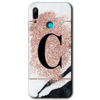 MRCİLETİSİM Huawei P smart 2019 Kılıf Baskılı Kapak - Pembe Mermer Desenli C Harfi +Tam Kaplayan Mat Seramik