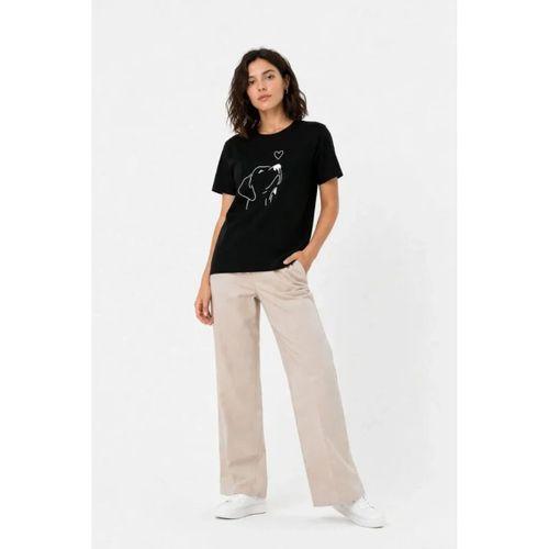 Köpek Figürlü Minimal Baskılı Tişört Kısa Kol Yazlık T-Shirt - Siyah