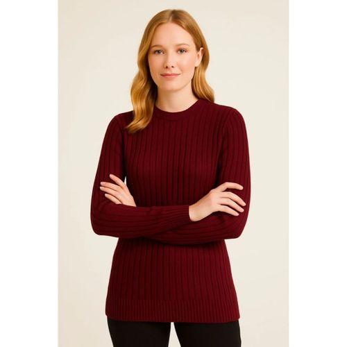 Bisiklet Yuvarlak Yaka Triko Kazak Pamuklu Kalın Fitilli Dokuma, Regular Fit Uzun Kollu Kışlık Model - Bordo