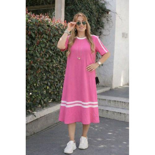 Kadın Kısa Kollu Bisiklet Yaka şerit Detaylı Midi Viskon Elbise