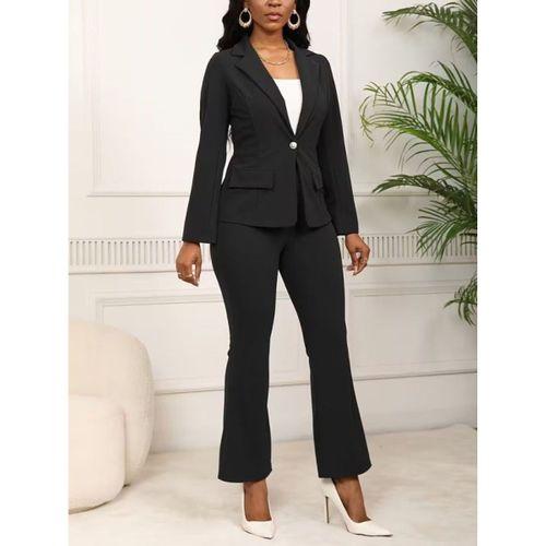 Kadın Uzun Kollu Yakalı Tek Düğme Detaylı Astarlı Ithal Krep Ceket Ve Pantolon Ikili Takım