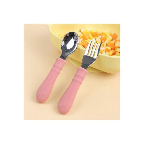 Silikon Saplı Paslanmaz Çelik Bebek Kaşık Çatal Seti Pembe