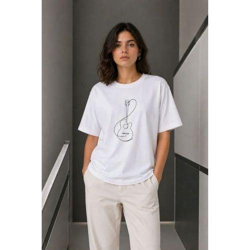Minimal Gitar Baskılı Tişört T-Shirt Yazlık Kısa Kol Bisiklet Yaka T-Shirt  - Beyaz