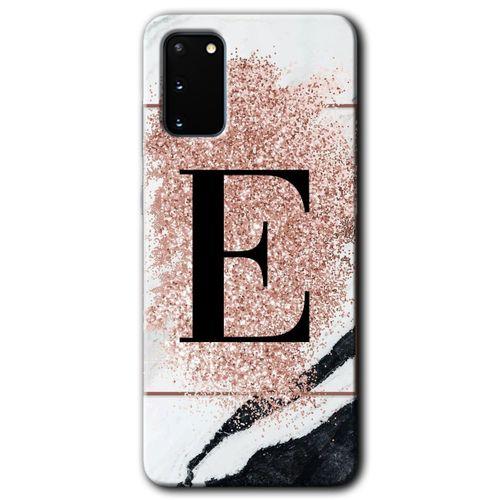 Galaxy S20 Kılıf HD Desen Baskılı Arka Kapak - Pembe Mermer Desenli E Harfi + Kırılmaz Cam