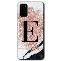 Galaxy S20 Kılıf HD Desen Baskılı Arka Kapak - Pembe Mermer Desenli E Harfi + Kırılmaz Cam