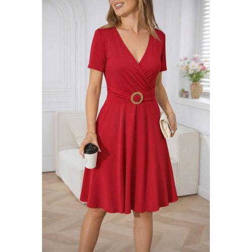 Kadın Kısa Kollu Kruvaze Yakalı önden Toka Detaylı Kısa Viskon Elbise