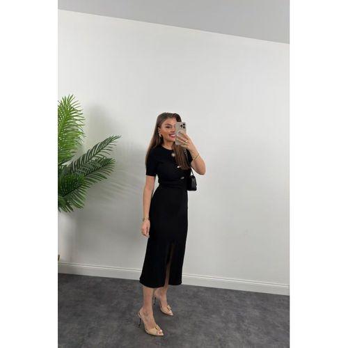 Kadın Ottoman Kumaş Likralı Düğme Tasarımlı Kısa Kol Kalem Elbise