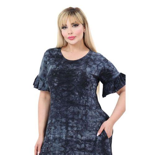 Melsay Butik Antrasit Batik Yıkamalı Fırfırlı Cepli Kısa Kollu Kadın Midi Elbise