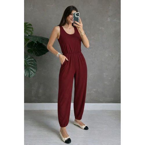 Kadın Askılı Yuvarlak Yakalı Cepli Viskon Tulum