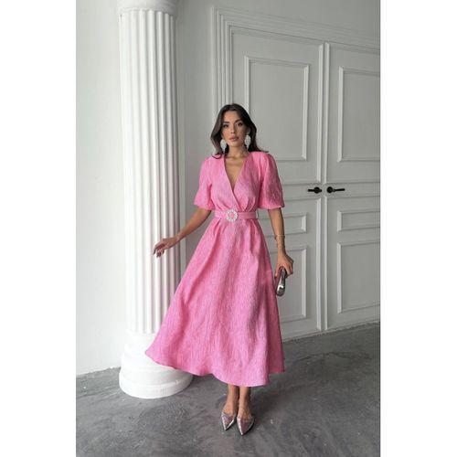 Pembe Işıltılı Kemerli Kruvaze Elbise