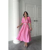 Pembe Işıltılı Kemerli Kruvaze Elbise