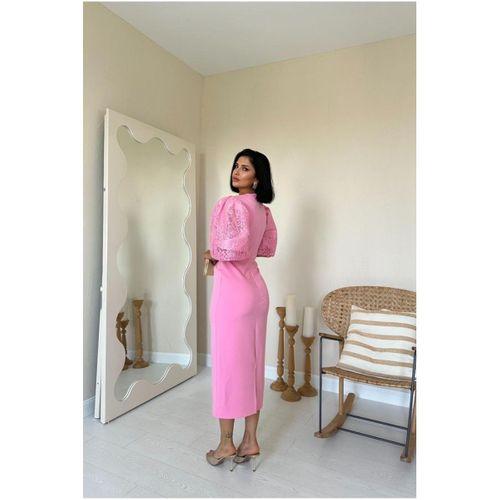 Pembe İncili Tül Detay Elbise