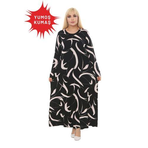 Melsay Butik Büyük Beden Siyah Tüy Desen Yumoş Uzun Elbise