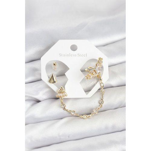Pirinç Gold Renk Yıldızlı Model Zincir Bağlantılı Ear Cuff Küpe Seti - TJ-BKP11540
