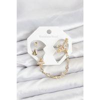 Pirinç Gold Renk Yıldızlı Model Zincir Bağlantılı Ear Cuff Küpe Seti - TJ-BKP11540