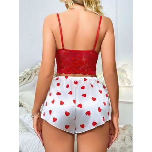 Kadın Kırmızı Kalp Desenli Şort Askılı Dantel Üst Pijama Takımı 2218