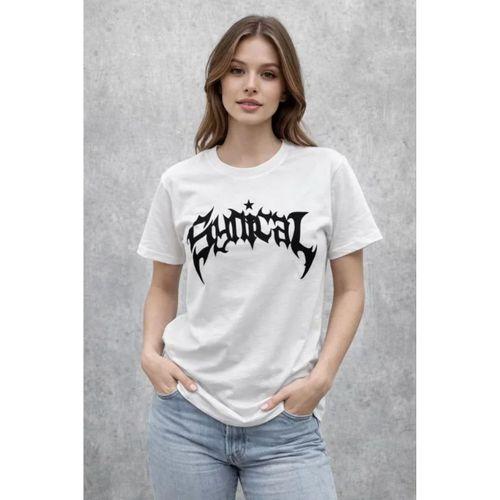 Bisiklet Yaka Ön Baskılı Kısa Kollu Tişört Streetwear Günlük Basic Pamuklu T-shirt - Beyaz