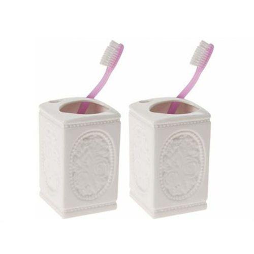 2 Adet Seramik Diş Fırçalık Çiçekli Kare Model 8X8X11Cm Banyo Seti