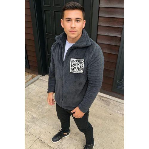 Erkek Polar Fermuarlı Sweatshirt – Kapüşonsuz, Cepli, Yumuşak Dokulu, Oversize Rahat Kalıp, Kışlık Sıcak Tutan Fermuarlı Üst - Füme