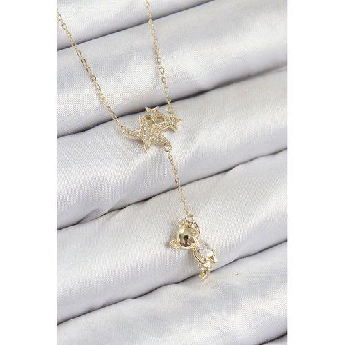 Pirinç Zirkon Taşlı Sallantılı Ayıcıklı Yıldız Model Gold Renk Kadın Kolye