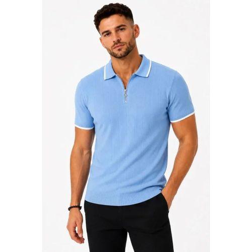 Erkek Fitilli Triko T-shirt Polo Yaka Yarım Fermuarlı Kısa Kollu Tişört - Açık Mavi