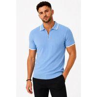 Erkek Fitilli Triko T-shirt Polo Yaka Yarım Fermuarlı Kısa Kollu Tişört - Açık Mavi