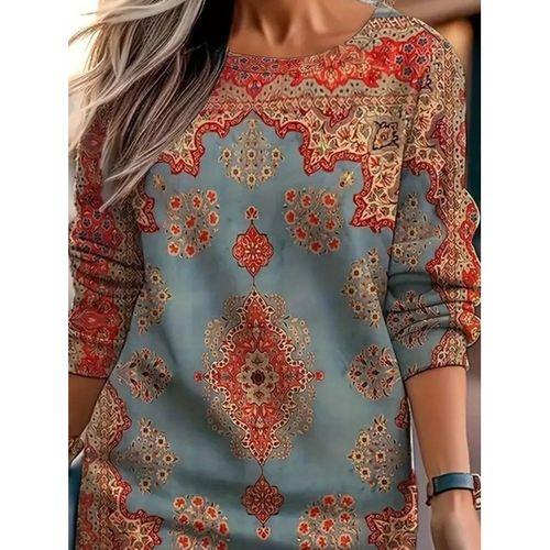 Kadın Uzun Kollu Yuvarlak Yaka Desenli Mini Modal Elbise