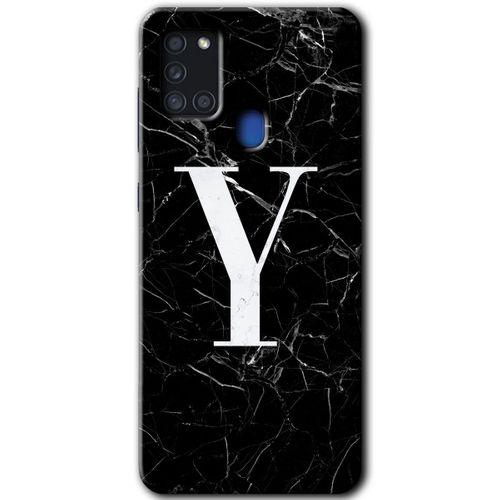 Samsung Galaxy A21s Kılıf Baskılı Kapak - Siyah Mermer Desenli Y Harfi + 5D Tam Kaplayan Cam