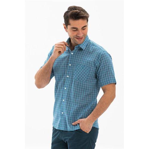 Büyük Beden Kısa Kol Şile Bezi Tek Cepli Erkek Yazlık Gömlek Petrol Ekose 3040