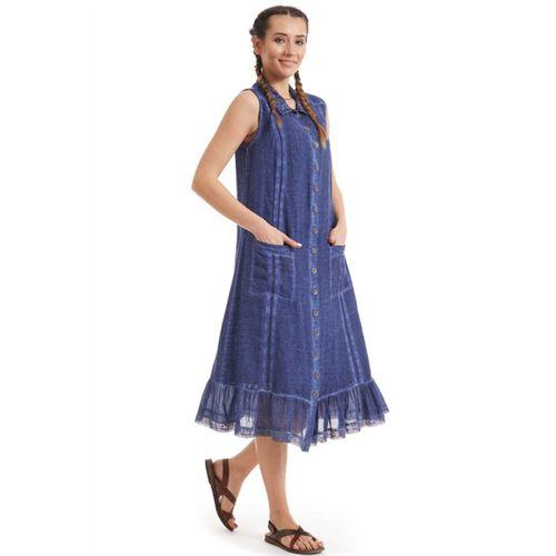 Şile Bezi İndigo Kolsuz Yakalı Elbise