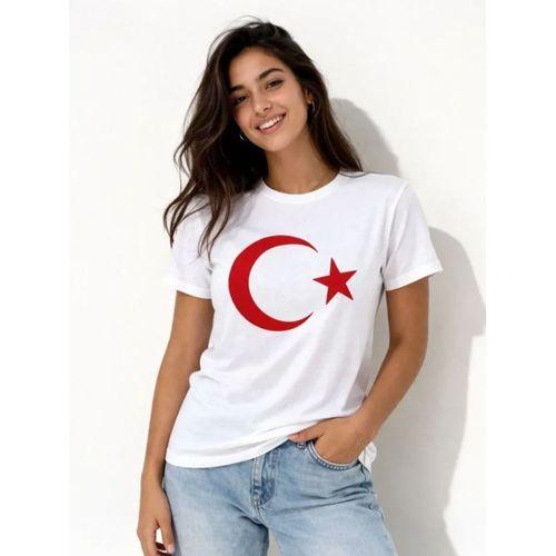 T-Shirt Kısa Kol Bisiklet Yaka Ay Yıldız Bayrak Baskılı Tişört - Beyaz