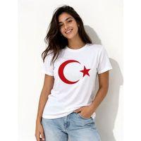 T-Shirt Kısa Kol Bisiklet Yaka Ay Yıldız Bayrak Baskılı Tişört - Beyaz