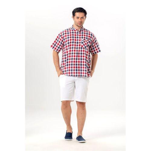 Kısa Kol Şile Bezi Tek Cepli Hakim Yaka Erkek Yazlık Tshirt Kırmızı Lacivert Kareli 3008