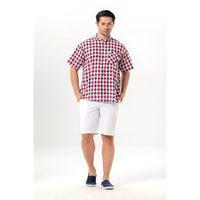 Kısa Kol Şile Bezi Tek Cepli Hakim Yaka Erkek Yazlık Tshirt Kırmızı Lacivert Kareli 3008